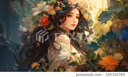 手绘卡通唯美的花丛中的贵族少女的女人插画 105105764