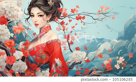 手绘卡通唯美的花丛中的中国古装女孩插画 105106285
