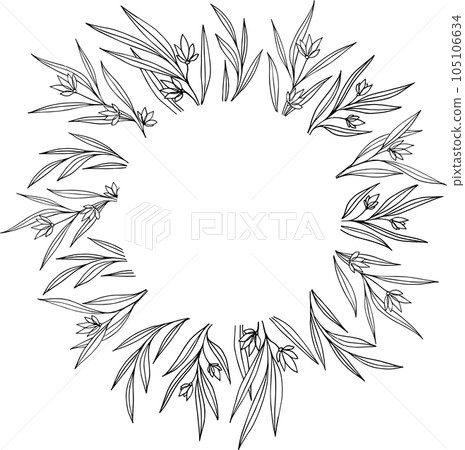 Vector hand drawn botanical circle frame with flowers. Elegant minimal style floral isolated illustration. Round line border, wedding invitation and cards, logo design and posters template, tattoo 105106634