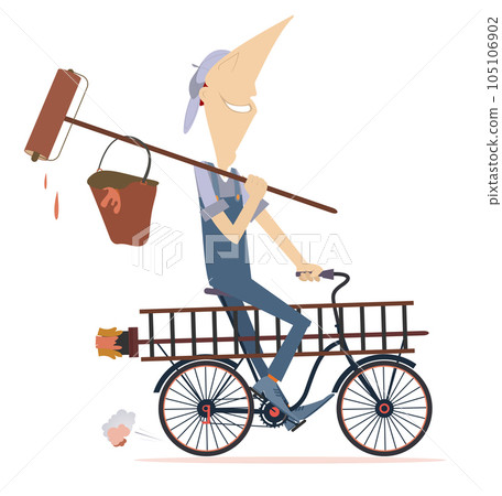 Cartoon cycling painter illustration.  House painter on the bicycle with a brush, bucket of paint ladder and paint roller. Isolated on white background 105106902