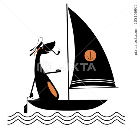 Cartoon dog sails of the yacht illustration. Sailing boat. Funny brave dog a captain smoking a pipe 105106903