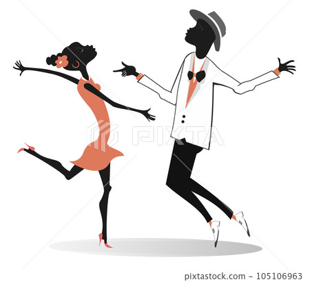 Romantic dancing young African couple illustration. Funny dancing young African man and woman isolated on white background 105106963