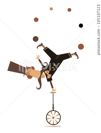 Funny man in the top hat balances on the unicycle.  Cartoon in the top hat balances legs up on unicycle and juggles the balls. Isolated on white background Funny man in the top hat balances on the unicycle.  Cartoon in the top hat balances legs up on unicycle and juggles the balls. Isolated on white background 105107123