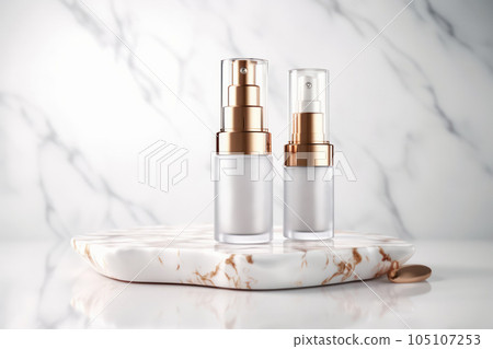 Moisturizer dropper in bottle on the podium, white background, by AI Generated. 105107253