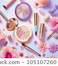 Top view of makeup products set on white background, summertime concept, by AI Generated. 105107260