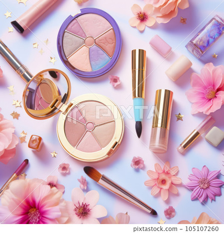 Top view of makeup products set on white background, summertime concept, by AI Generated. 105107260