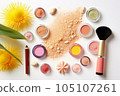 Top view of makeup products set on white background, summertime concept, by AI Generated. 105107261
