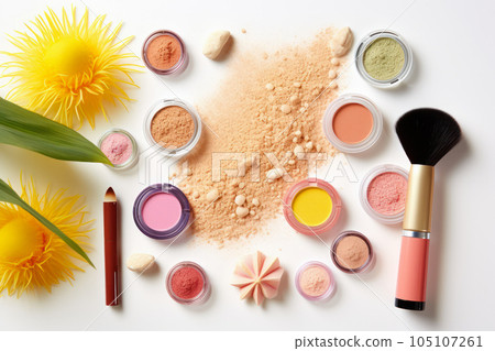 Top view of makeup products set on white background, summertime concept, by AI Generated. 105107261
