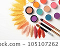 Top view of makeup products set on white background, summertime concept, by AI Generated. 105107262