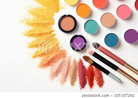 Top view of makeup products set on white background, summertime concept, by AI Generated. 105107262