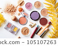 Top view of makeup products set on white background, summertime concept, by AI Generated. 105107263