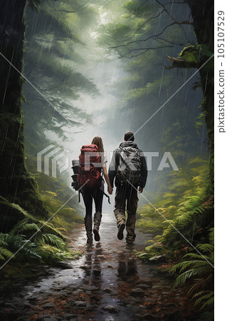 Vertical image of a couple of hikers walk through the forest in rainy weather. Vertical image of a couple of hikers walk through the forest in rainy weather. 105107529