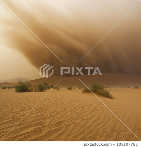 Dust storm in the desert, formidable natural phenomenon, natural disaster, a lot of sand in the air 105107768