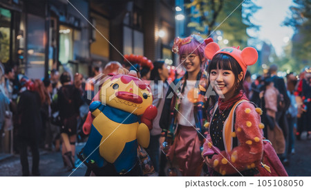 People walking the streets in Halloween costumes 105108050
