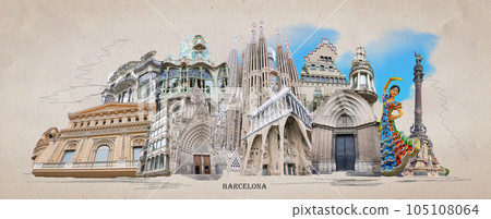 Contemporary art collage. Design in modern contemporary retro style about Barcelona Contemporary art collage. Design in modern contemporary retro style about Barcelona 105108064