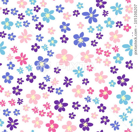 Floral seamless pattern with pink, lavender, blue, purple chamomile flower and leaves. Childish, feminine, gentle Floral seamless pattern with pink, lavender, blue, purple chamomile flower and leaves. Childish, feminine, gentle 105108207