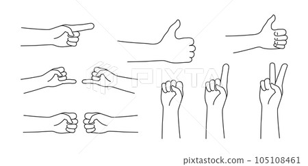 Hand gestures isolated vector icon outline. Line art human hands show different signals, signs. Hand gestures isolated vector icon outline. Line art human hands show different signals, signs. 105108461