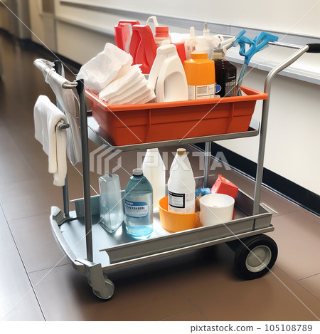 Trolley with detergents of a cleaning company worker, a janitor, isolated on a white background, 105108789