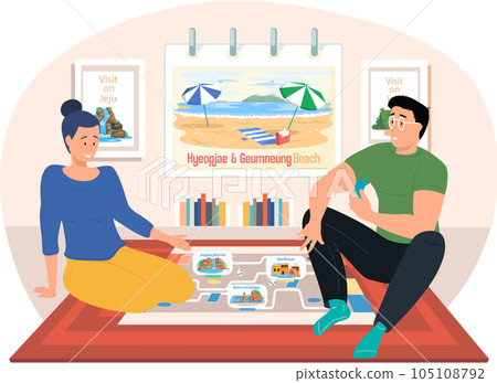 Happy family or friends playing board game at home on weekend on theme of Jeju Island in South Korea Happy family or friends playing board game at home on weekend on theme of Jeju Island in South Korea 105108792