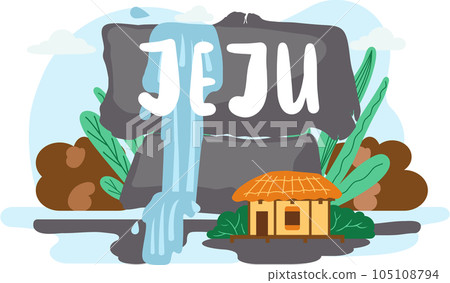 Banner with main attractions of south korean island Jeju, showplaces for travelers. Welcome Jeju 105108794