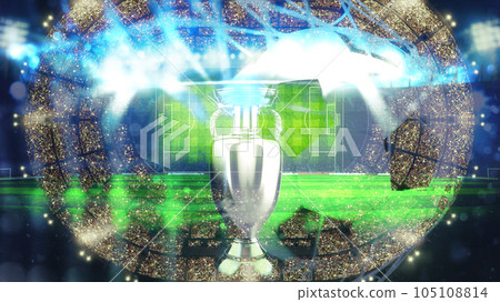 Double exposure soccer background with trophy of the winner and stadium. 3D Rendering 105108814