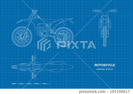 Outline cross motorcycle drawing. Line motorbike art. Front, side, top view of motocross cycle. Extreme bike industrial draw. Motorsport vehicle blueprint Outline cross motorcycle drawing. Line motorbike art. Front, side, top view of motocross cycle. Extreme bike industrial draw. Motorsport vehicle blueprint 105108817