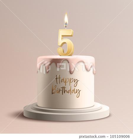 Five Years. Vector Birthday Anniversary Sweet Cake. Greeting Card, Banner with 3d Realistic Burning Golden Birthday Party Candle, Number, Flame. Icon Design Template for Birthday Concept. Front View Five Years. Vector Birthday Anniversary Sweet Cake. Greeting Card, Banner with 3d Realistic Burning Golden Birthday Party Candle, Number, Flame. Icon Design Template for Birthday Concept. Front View 105109006