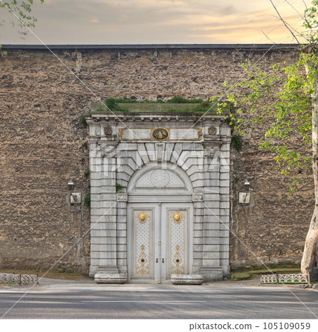 Closed Valide Gate, of Ottoman Dolmabahce Palace, suited in Ciragan Street, Besiktas district, Istanbul, Turkey 105109059