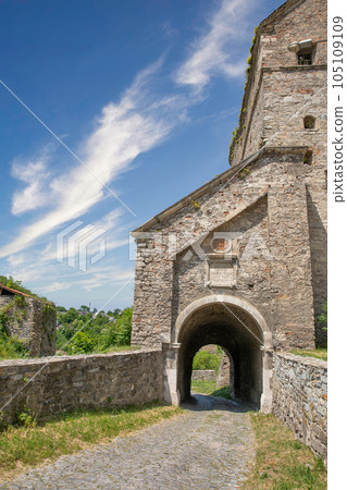 Old stone medieval Stephen Bathory Gate in Kamianets-Podilskyi fortress, Ukraine. 105109109
