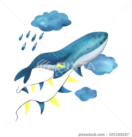 Turquoise whale in the clouds with a garland of flags among the clouds with raindrops. Watercolor illustration hand drawn in a simple childish style. Isolated composition on a white background. Turquoise whale in the clouds with a garland of flags among the clouds with raindrops. Watercolor illustration hand drawn in a simple childish style. Isolated composition on a white background. 105109287