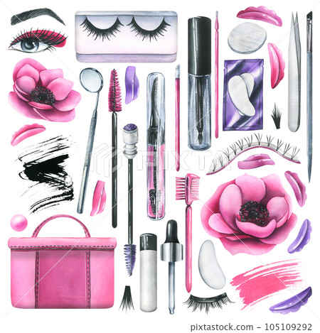 Set of professional cosmetics and pink bag tools for makers of lamination, painting eyelashes and eyebrows. Watercolor illustration, hand drawn. Isolated objects on a white background. 105109292