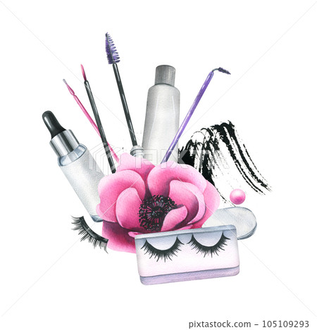Cosmetics and brushes for eyes and eyebrows, tubes with pink anemone flowers. Watercolor illustration hand drawn. Isolated composition on a white background. Cosmetics and brushes for eyes and eyebrows, tubes with pink anemone flowers. Watercolor illustration hand drawn. Isolated composition on a white background. 105109293