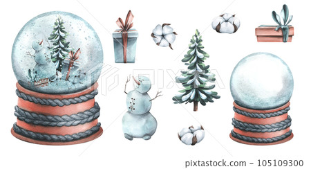 Glass snow globe on a knitted stand with a snowman, Christmas tree, gift boxes, cotton flowers. Watercolor illustration, hand drawn. Set of isolated clip art elements on white background. Glass snow globe on a knitted stand with a snowman, Christmas tree, gift boxes, cotton flowers. Watercolor illustration, hand drawn. Set of isolated clip art elements on white background. 105109300