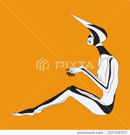 Abstract portrait of a woman with black lines on the body and a pointed headdress. Hand drawn woman concept art. Vector illustration 105109303