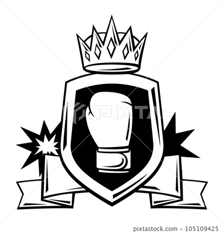 Emblem with boxing gloves. Box club label. Sport illustration in cartoon style. Emblem with boxing gloves. Box club label. Sport illustration in cartoon style. 105109425