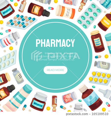 Drug and Medicine Banner Design with Pill and Tablets Vector Template Drug and Medicine Banner Design with Pill and Tablets Vector Template 105109510