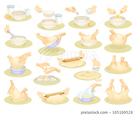 Dough Kneading with Hands and Homemade Bakery Big Vector Set Dough Kneading with Hands and Homemade Bakery Big Vector Set 105109528