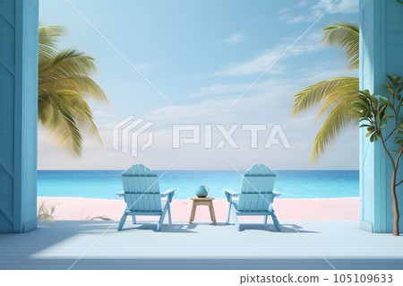 Relaxation on a beach concept. Two deck chairs on seashore, ocean sands in summer.Copy space. Relaxation on a beach concept. Two deck chairs on seashore, ocean sands in summer.Copy space. 105109633
