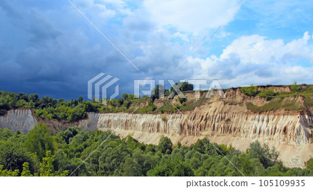 Cretaceous quarry. Landscape with sandy cliffs and beautiful sky Cretaceous quarry. Landscape with sandy cliffs and beautiful sky 105109935