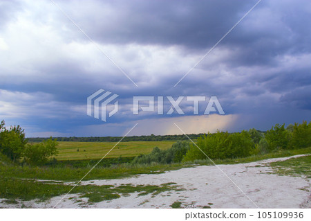 Landscape with thundercloud over field and forest. Streams of rain in distance Landscape with thundercloud over field and forest. Streams of rain in distance 105109936