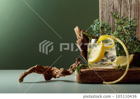 Cocktail gin-tonic with ice, lemon, and rosemary in a frozen glass. Cocktail gin-tonic with ice, lemon, and rosemary in a frozen glass. 105110436