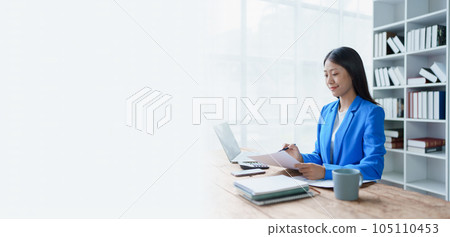 planning, auditing, business planning, finance, young asian business woman working on computer and checking investment documents and planning marketing to increase profit, business concepts 105110453