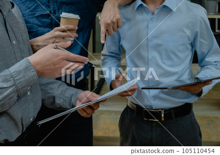 startup business, business team planning teamwork paperwork audit and discussing marketing, profit, budget of company in meeting room 105110454