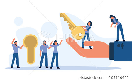 Key achievement business takeaway concept vector illustration success solution. Strategy creative hand leadership plan with keyhole. Lock process target banner motivation. Unlock kpi security system 105110633