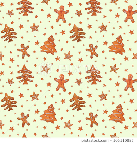 Christmas gingerbread cookies. Watercolor pattern of gingerbread man, stars with snowflakes, sugar coated spruce. Christmas, New Year ornate for scrapbooking, wrapping, prints, textile Christmas gingerbread cookies. Watercolor pattern of gingerbread man, stars with snowflakes, sugar coated spruce. Christmas, New Year ornate for scrapbooking, wrapping, prints, textile 105110885