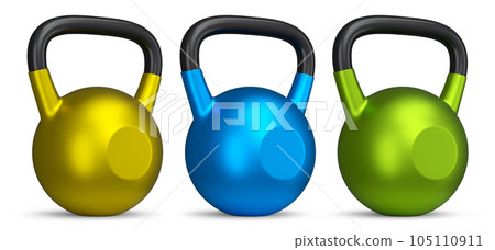 Set of heavy gym gold kettlebells for workout isolated on white background 105110911