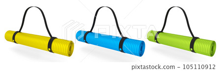 Set of yoga mats or lightweight foam camping bed roll pad isolated on white. Set of yoga mats or lightweight foam camping bed roll pad isolated on white. 105110912