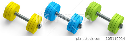 Set of dumbbells with rubber disks isolated on white background Set of dumbbells with rubber disks isolated on white background 105110914