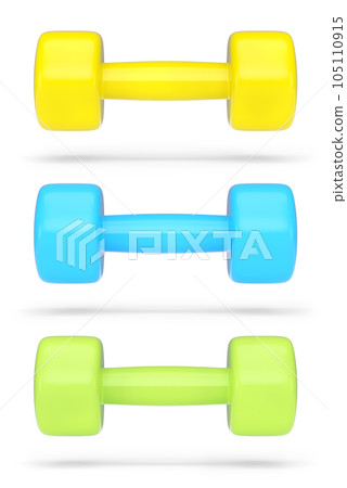 Set of dumbbells with rubber disks isolated on white background Set of dumbbells with rubber disks isolated on white background 105110915