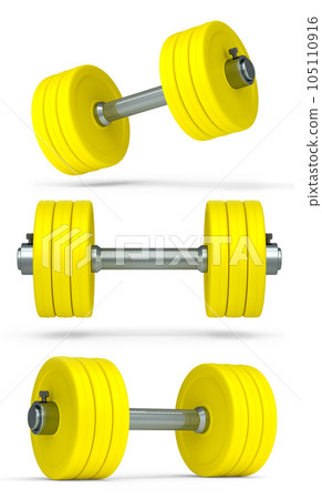 Set of dumbbells with rubber disks isolated on white background Set of dumbbells with rubber disks isolated on white background 105110916
